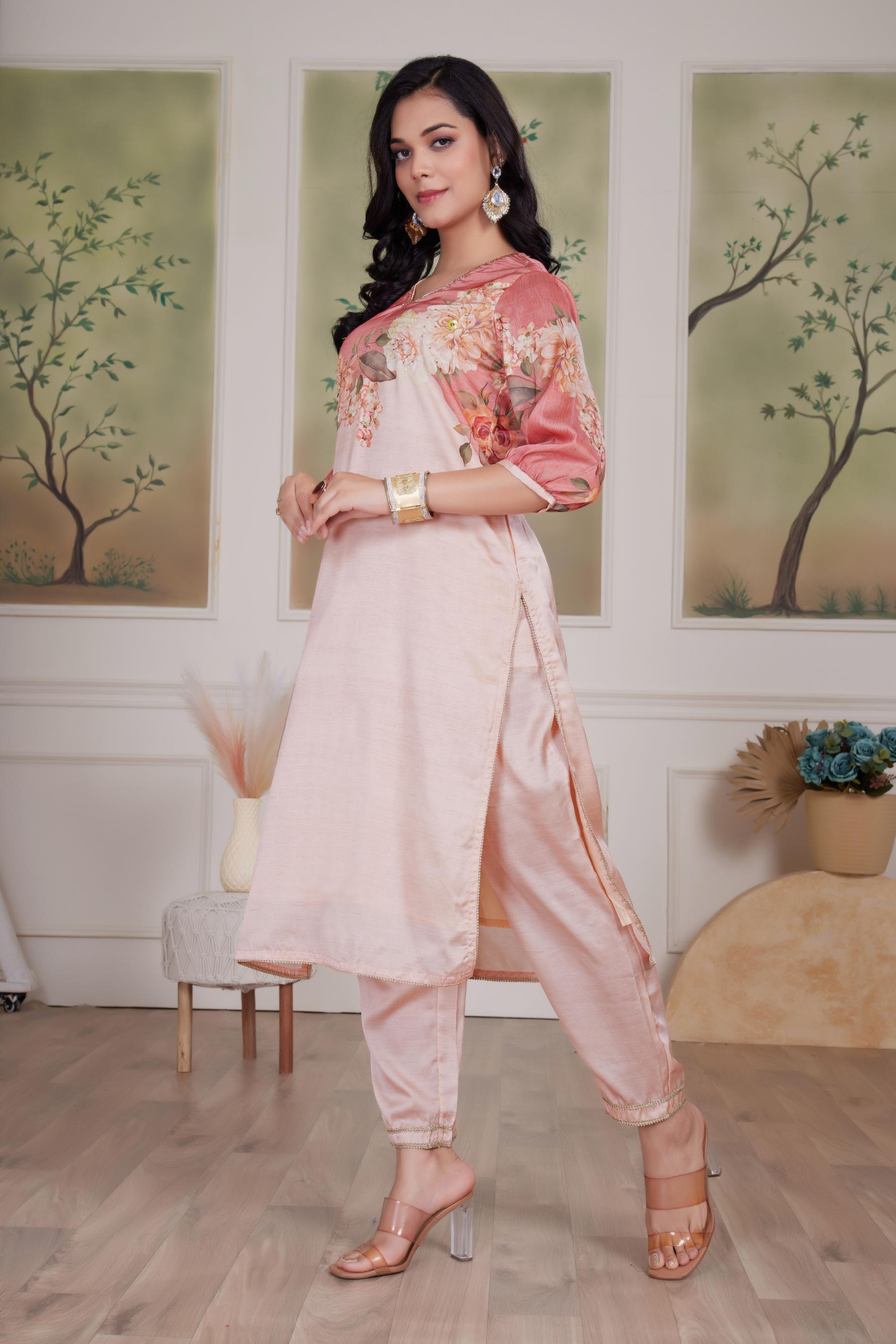 BulBul Tasneem Silk Peach Kurta Set with Dupatta