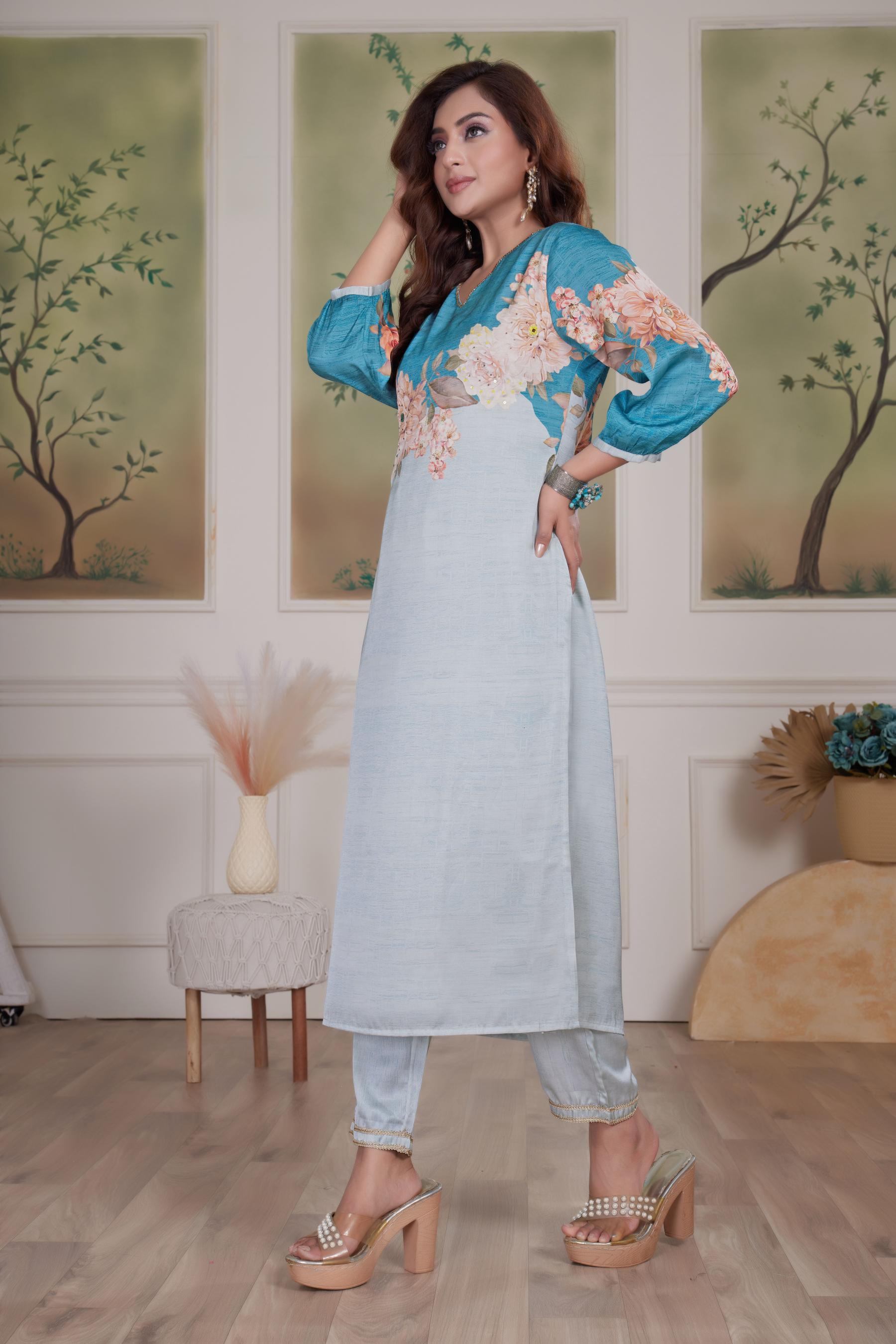 BulBul Tasneem Silk Teal Kurta Set with Dupatta