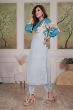 Thumbnail for BulBul Tasneem Silk Teal Kurta Set with Dupatta