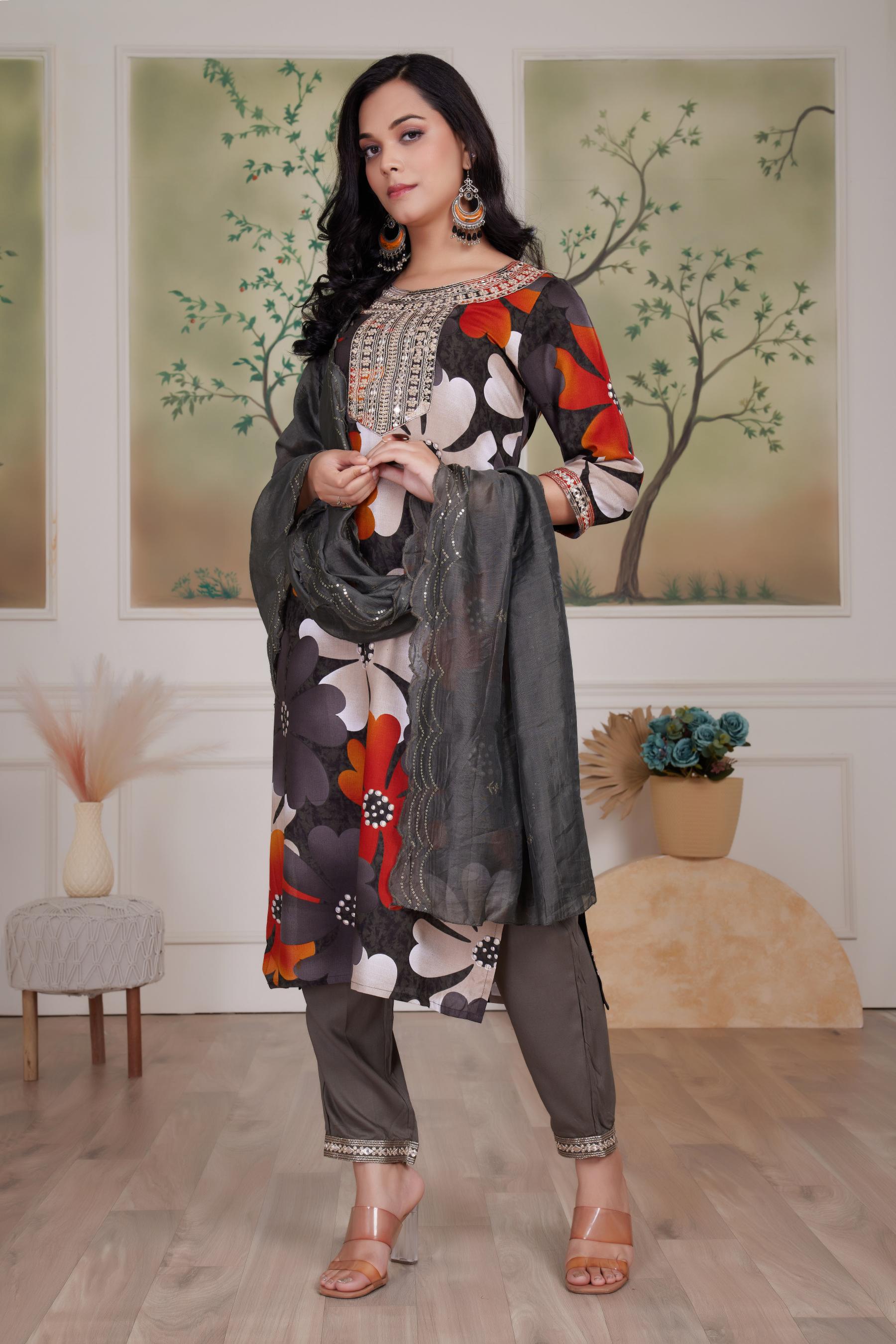 BulBul Roli floral Printed Grey Rayon Salwar Suit