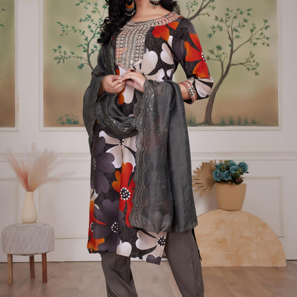 BulBul Roli floral Printed Grey Rayon Salwar Suit