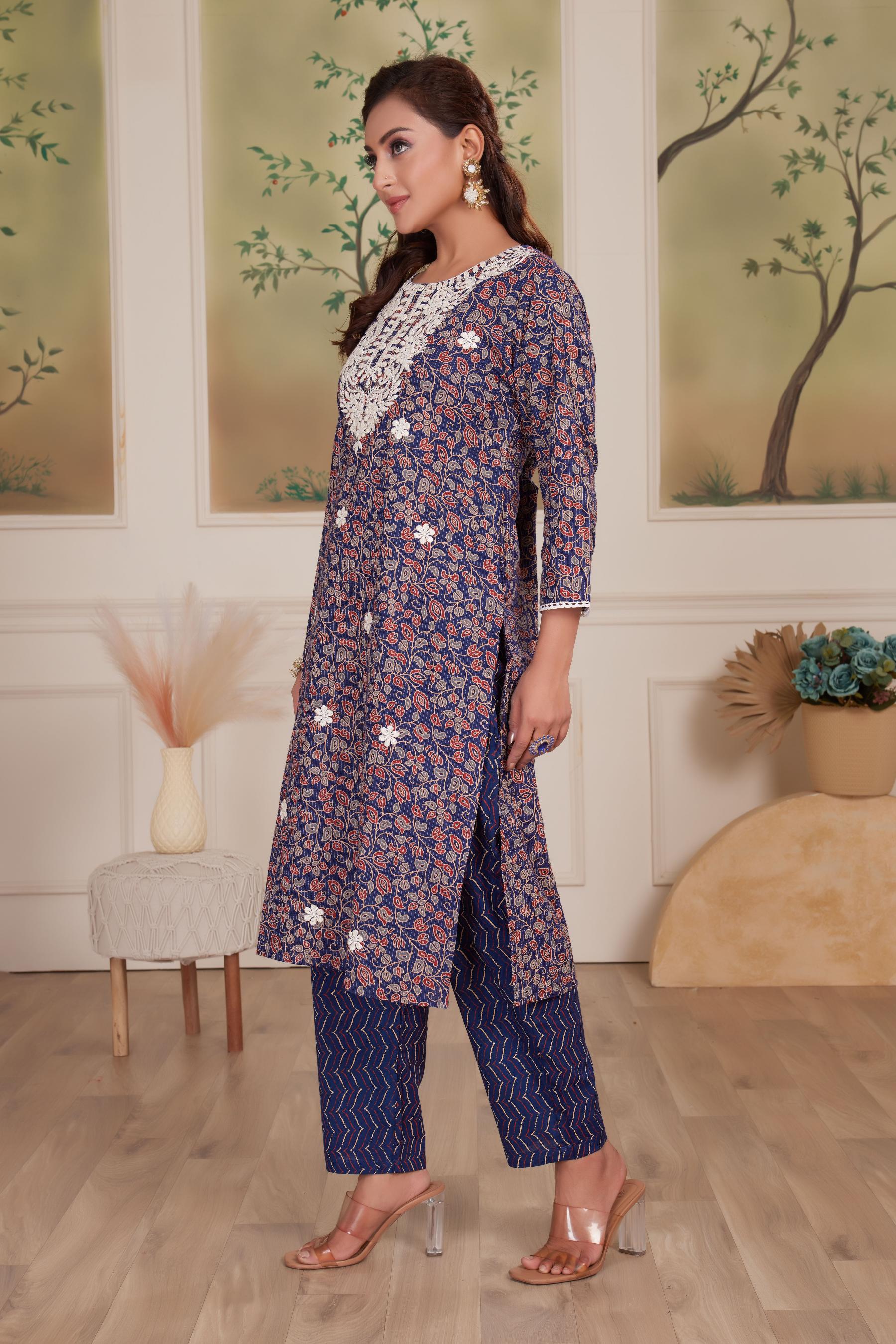 BulBul Navy Cotton Kurta Set with Dupatta
