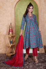 Thumbnail for BulBul Anupriya Cotton Blue Kurta Set with Dupatta