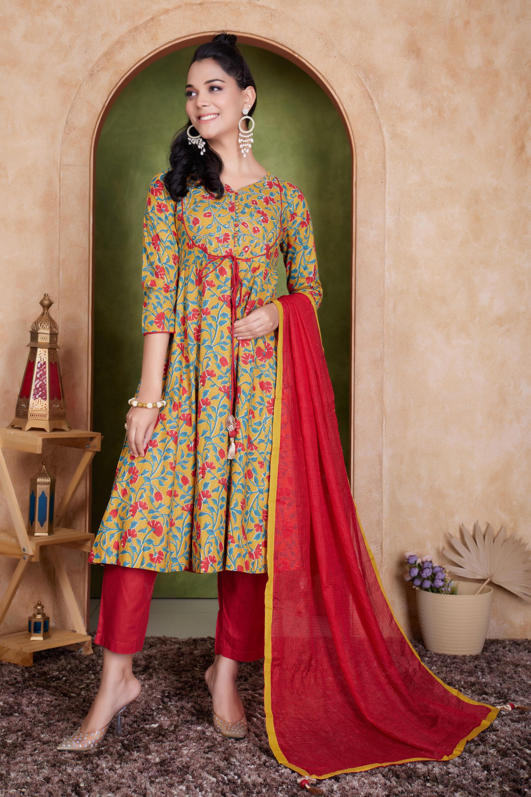 BulBul Anupama Cotton Mustard Kurta Set with Dupatta