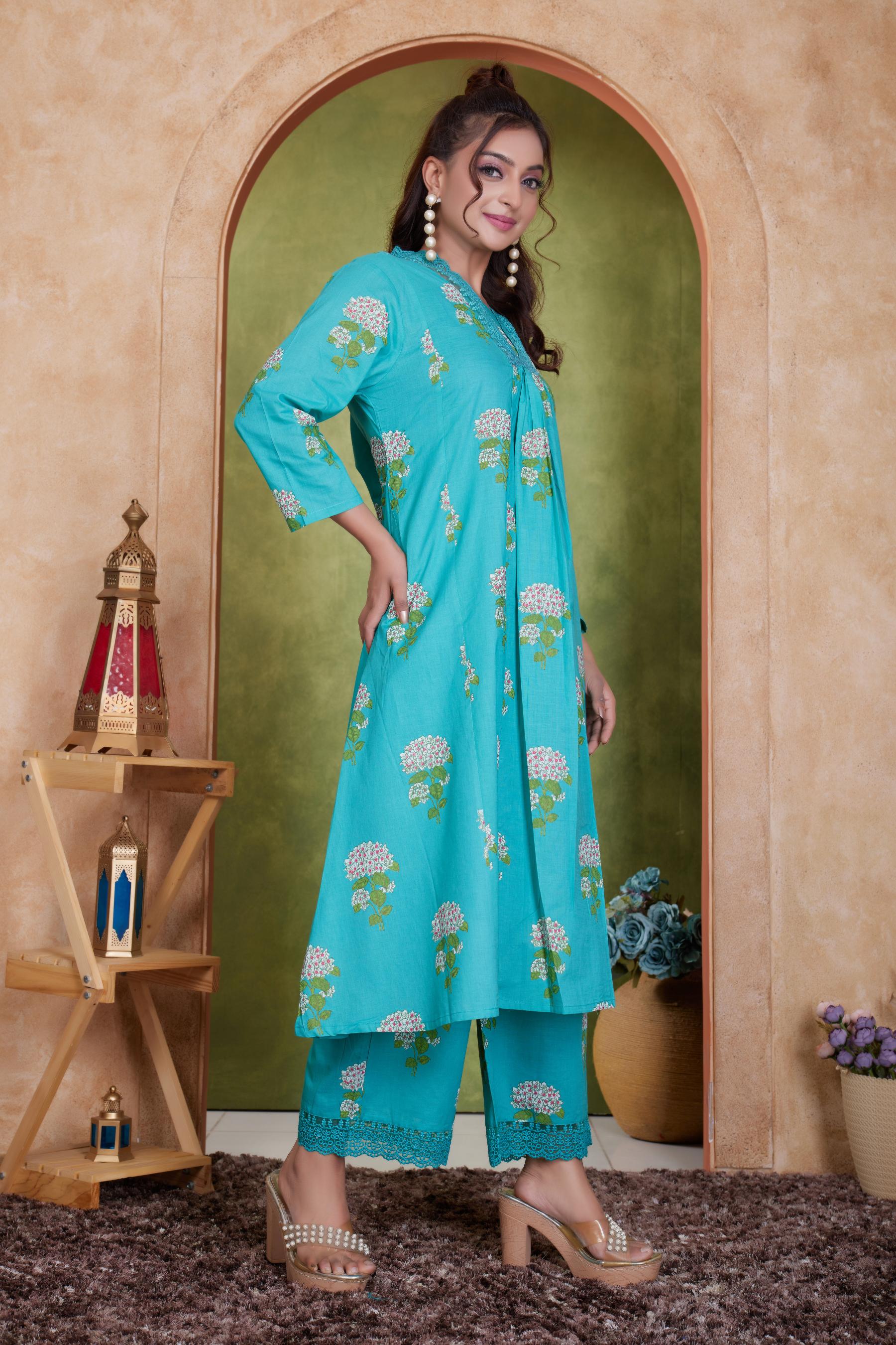 BulBul Karishma Cotton Green Kurta Set with Dupatta