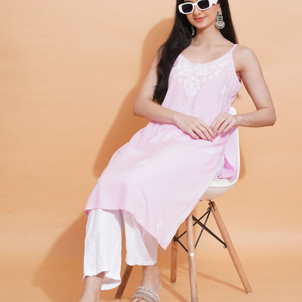 Pahnaz Luxury Rayon Chikankari Sleeveless Long Kurti-Pink - Dista