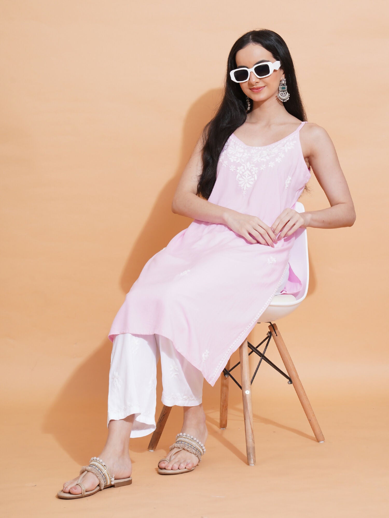Pahnaz Luxury Rayon Chikankari Sleeveless Long Kurti-Pink - Dista