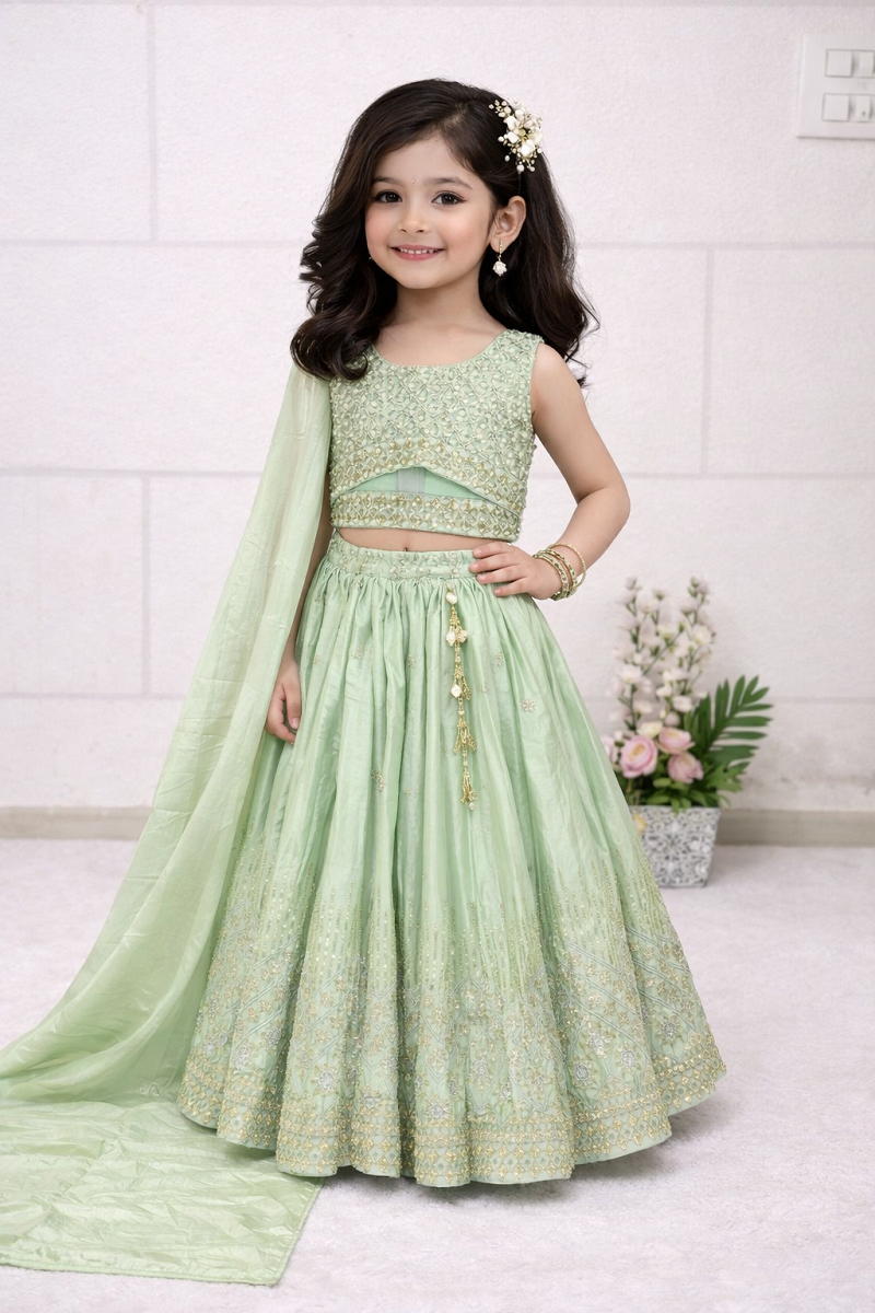 Evanik Pista Chinon Silk Embroidered Work Wedding Kids Lehenga Choli - Dista