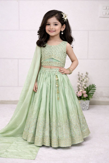 Evanik Pista Chinon Silk Embroidered Work Wedding Kids Lehenga Choli - Dista