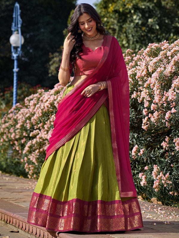 Evanik Women South-Style Kanchipuram Silk Stitched Lehenga With Unstitched Blouse & Dupatta