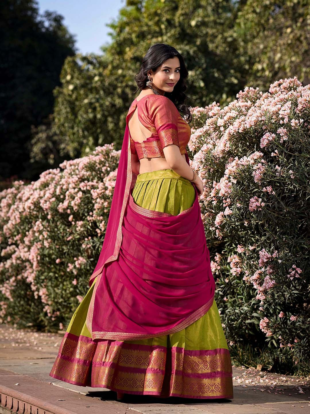 Evanik Women South-Style Kanchipuram Silk Stitched Lehenga With Unstitched Blouse & Dupatta