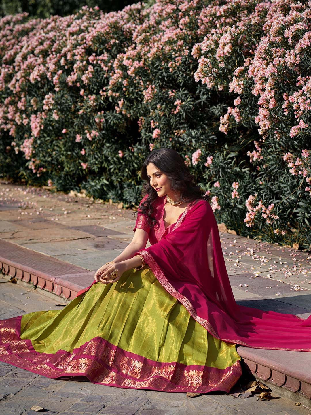 Evanik Women South-Style Kanchipuram Silk Stitched Lehenga With Unstitched Blouse & Dupatta