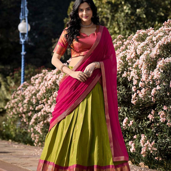 Evanik Women South-Style Kanchipuram Silk Stitched Lehenga With Unstitched Blouse & Dupatta