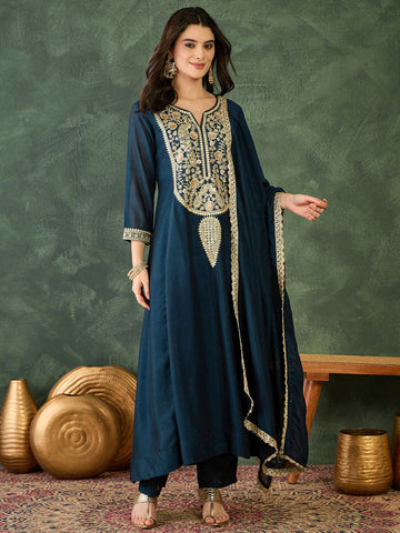 The52 Women's Beautiful Embroidery Work Vichitra Silk Fabric Flared Kurta Pant and Dupatta Set-Petrol - Dista