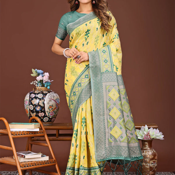 Astita Radiant Yellow Linen Cotton Patola Saree - Where Tradition Dances with Elegance