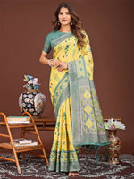 Thumbnail for Astita Radiant Yellow Linen Cotton Patola Saree - Where Tradition Dances with Elegance