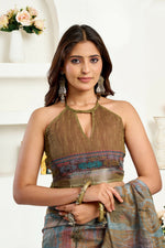 Thumbnail for Joban Fashion Dusty Green Floral & Ethnic Motifs Linen Ready To Wear Saree With Unstitched Blouse - Distacart