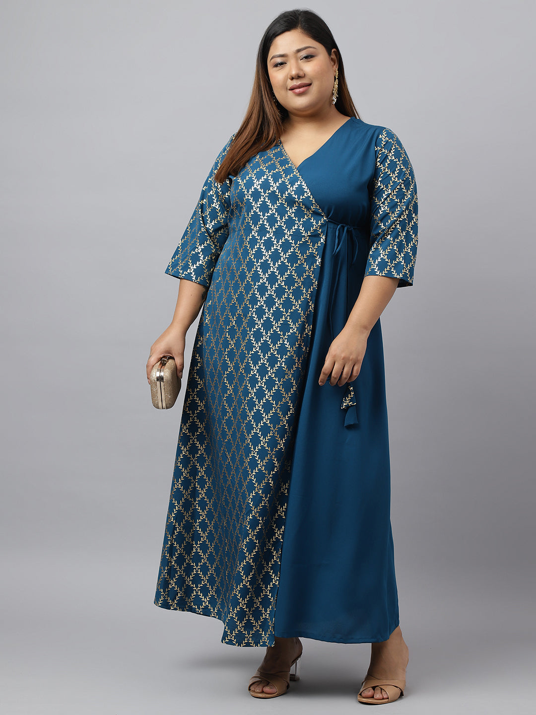 Janasya Teal Poly Crepe Foil Printed kurta - Distacart