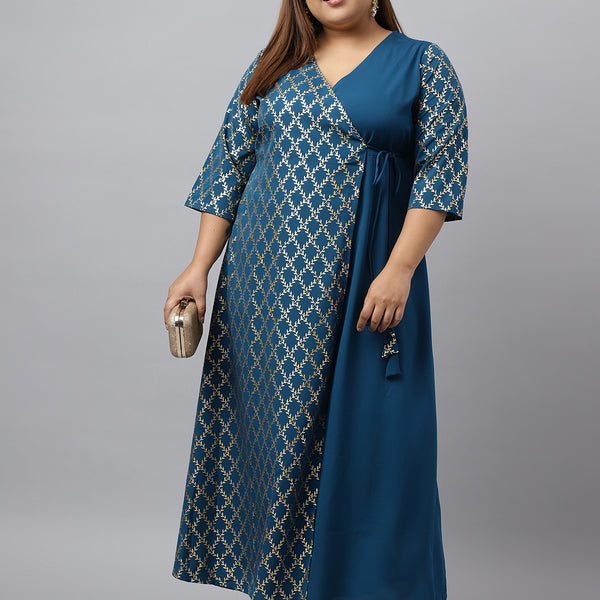 Janasya Teal Poly Crepe Foil Printed kurta - Distacart