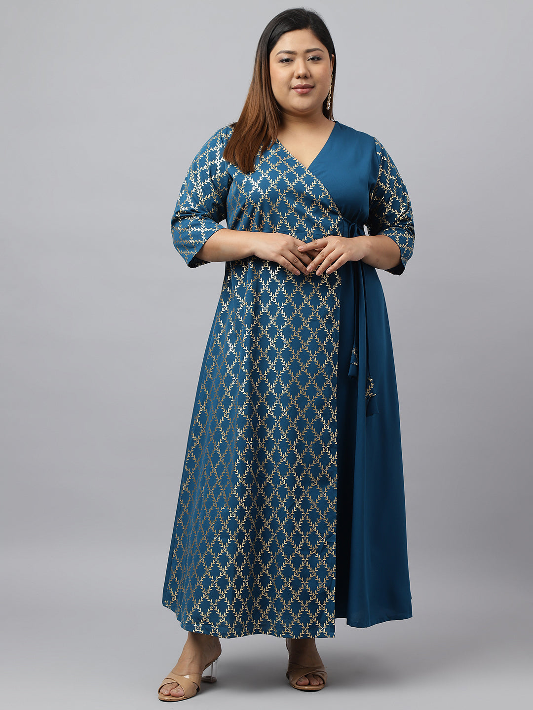 Janasya Teal Poly Crepe Foil Printed kurta - Distacart