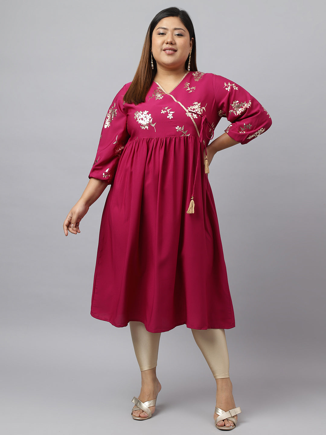 Janasya Magenta Poly Crepe Foil Floral Print kurta - Distacart