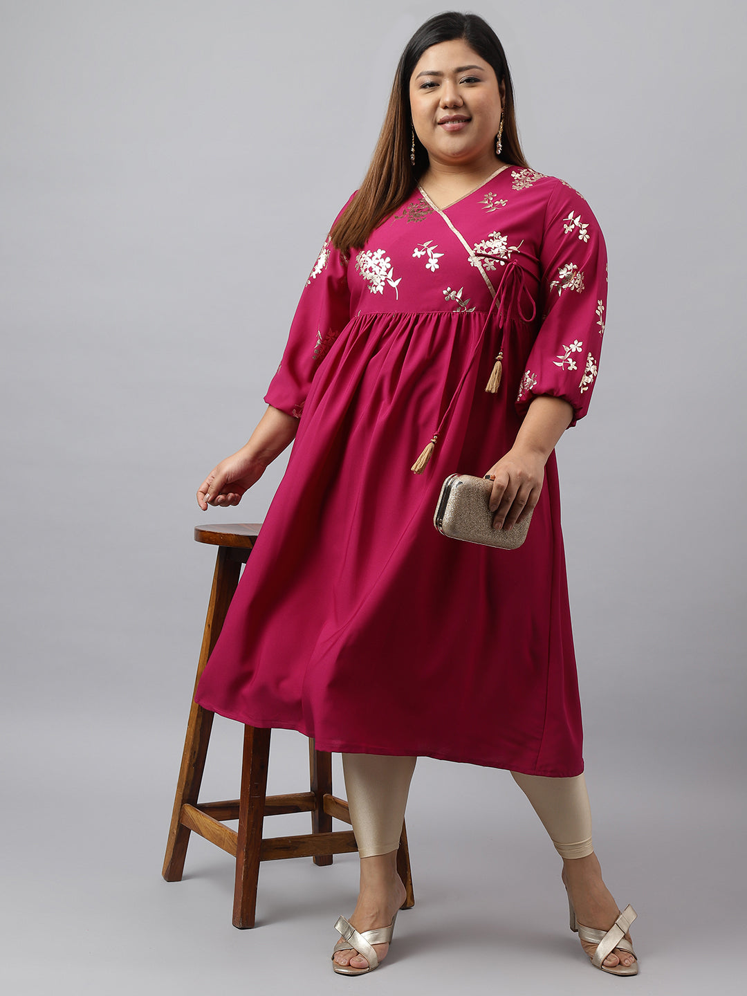 Janasya Magenta Poly Crepe Foil Floral Print kurta - Distacart