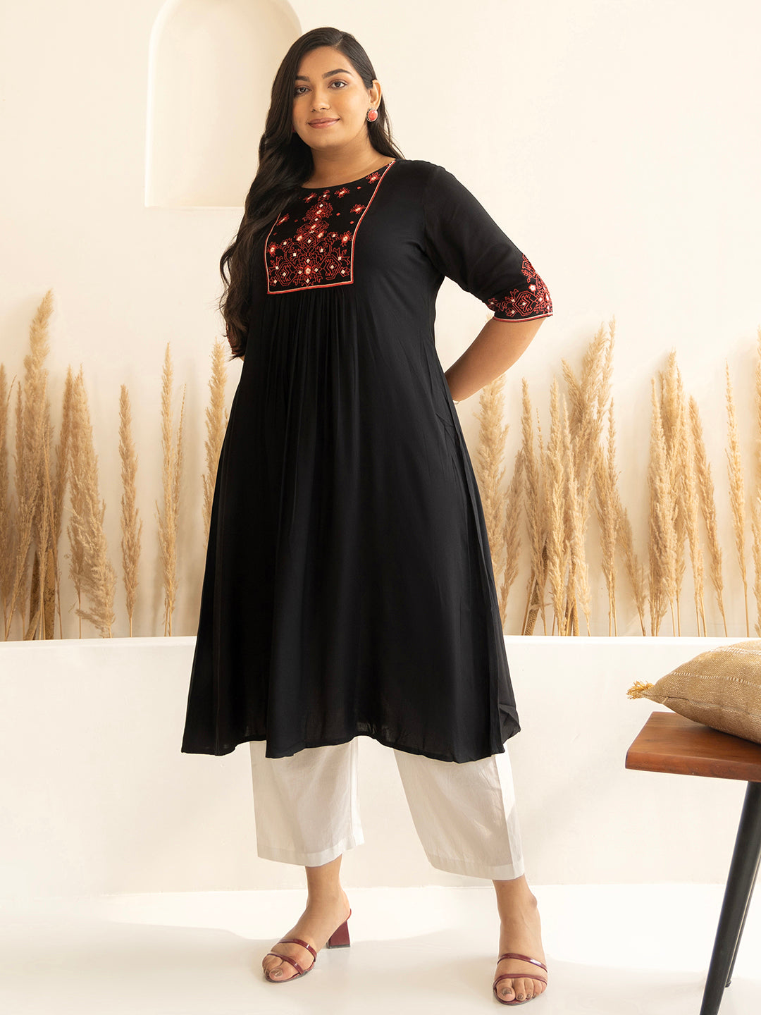 Janasya Black Rayon Yoke Embroidered kurta - Distacart