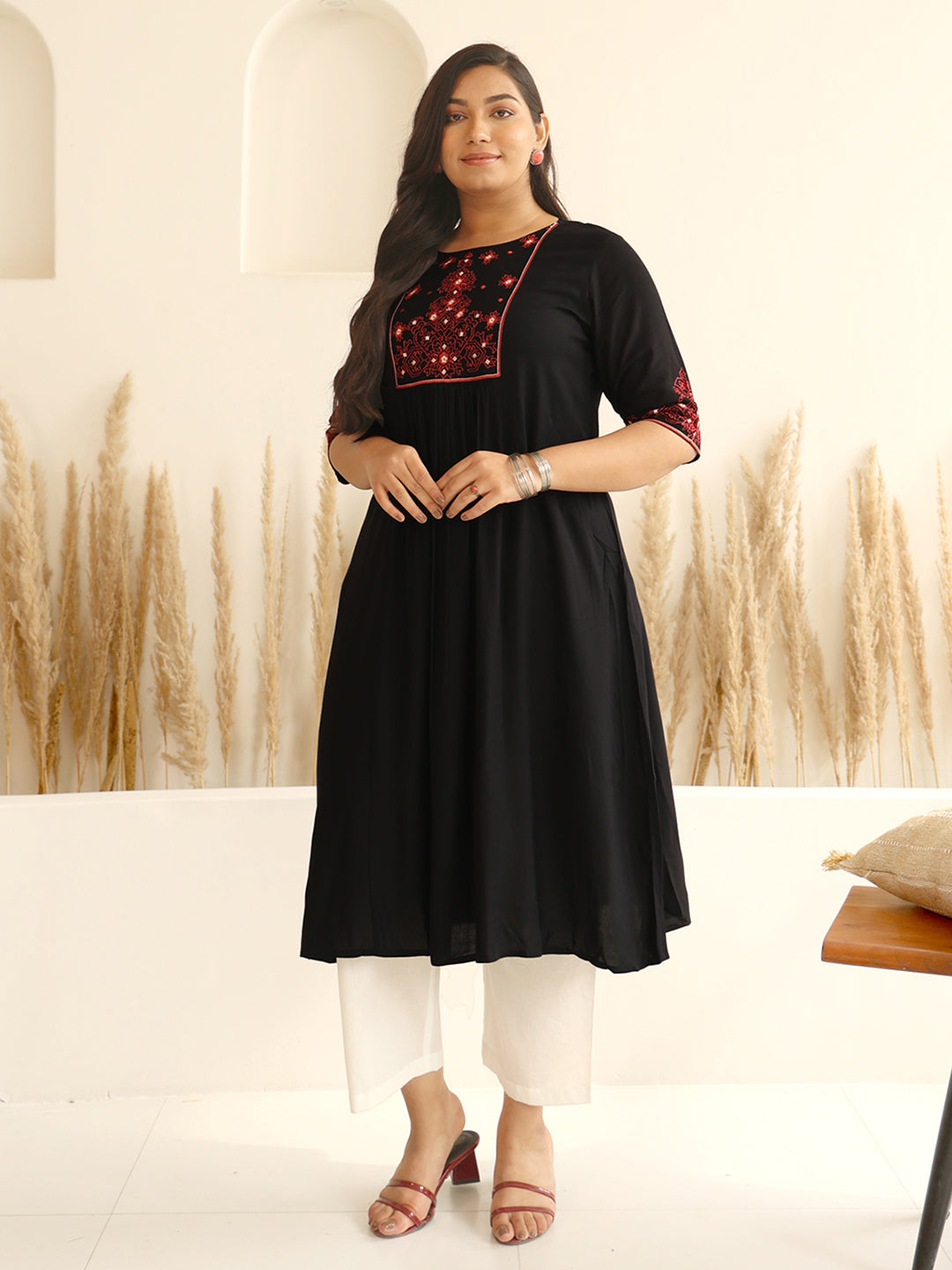 Janasya Black Rayon Yoke Embroidered kurta - Distacart