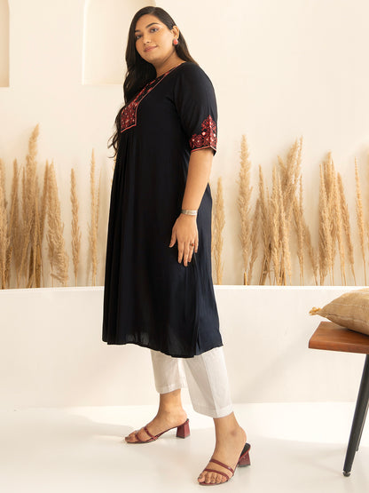 Janasya Black Rayon Yoke Embroidered kurta - Distacart