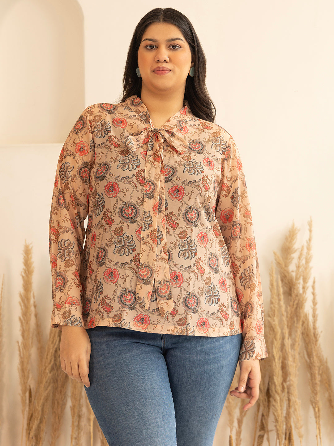 Janasya Peach Georgette Floral Printed Casual Top - Distacart