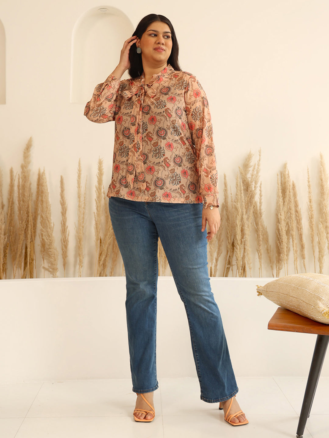 Janasya Peach Georgette Floral Printed Casual Top - Distacart
