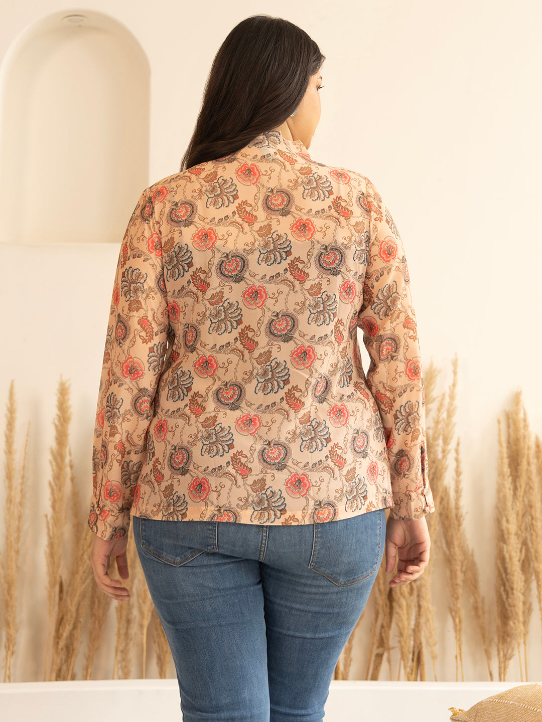 Janasya Peach Georgette Floral Printed Casual Top - Distacart