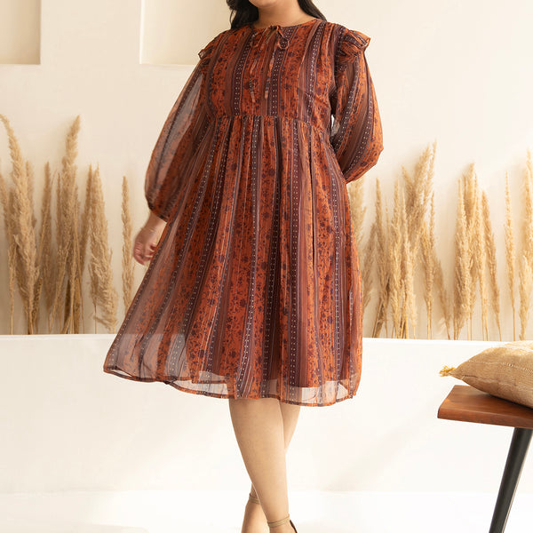 Janasya Rust Chiffon Lurex Floral Printed Casual Dress - Distacart