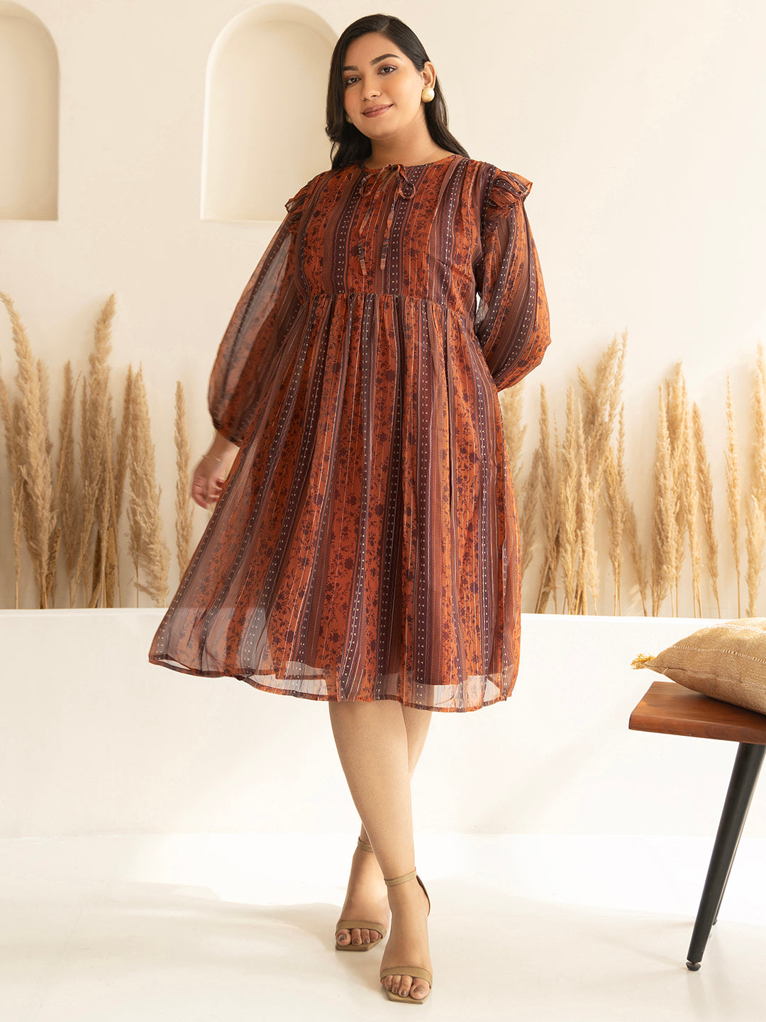 Janasya Rust Chiffon Lurex Floral Printed Casual Dress - Distacart