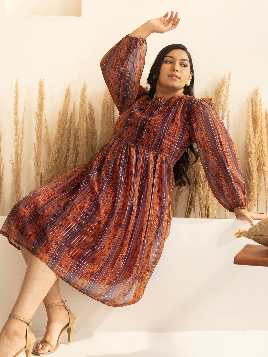 Janasya Rust Chiffon Lurex Floral Printed Casual Dress - Distacart