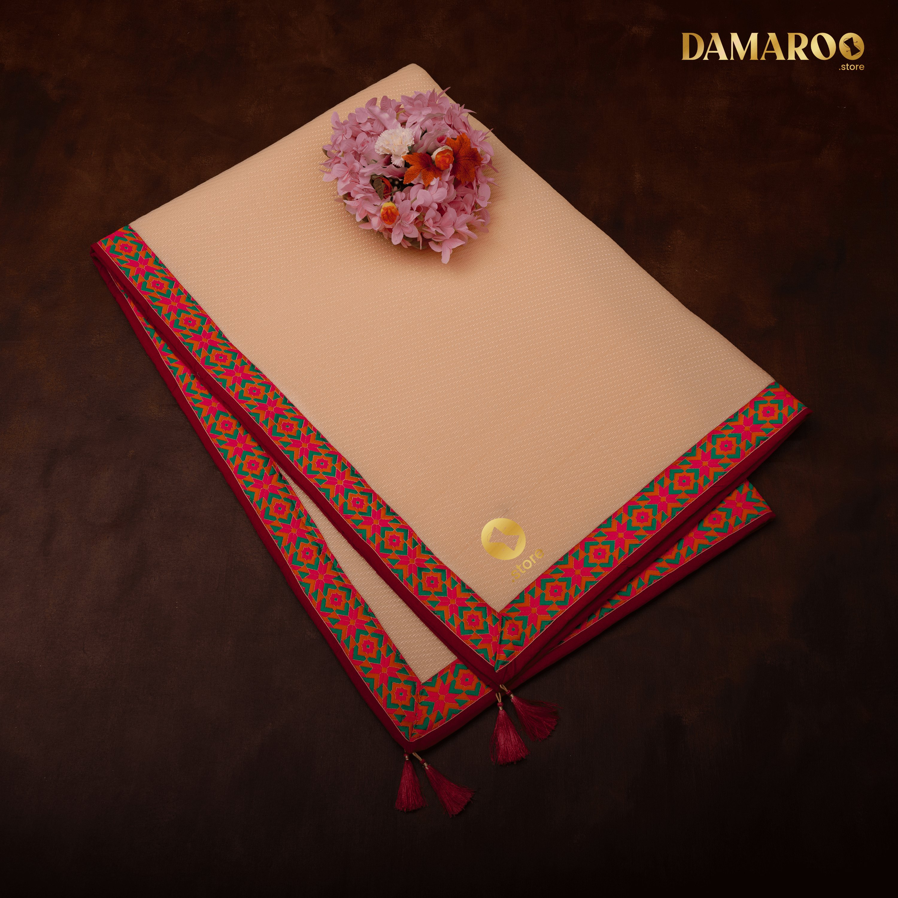Damaroo 4x6 ft | Ornate Nylon Pooja Mat | Jacquard Pink Trim & Tassels - Peach - Distacart