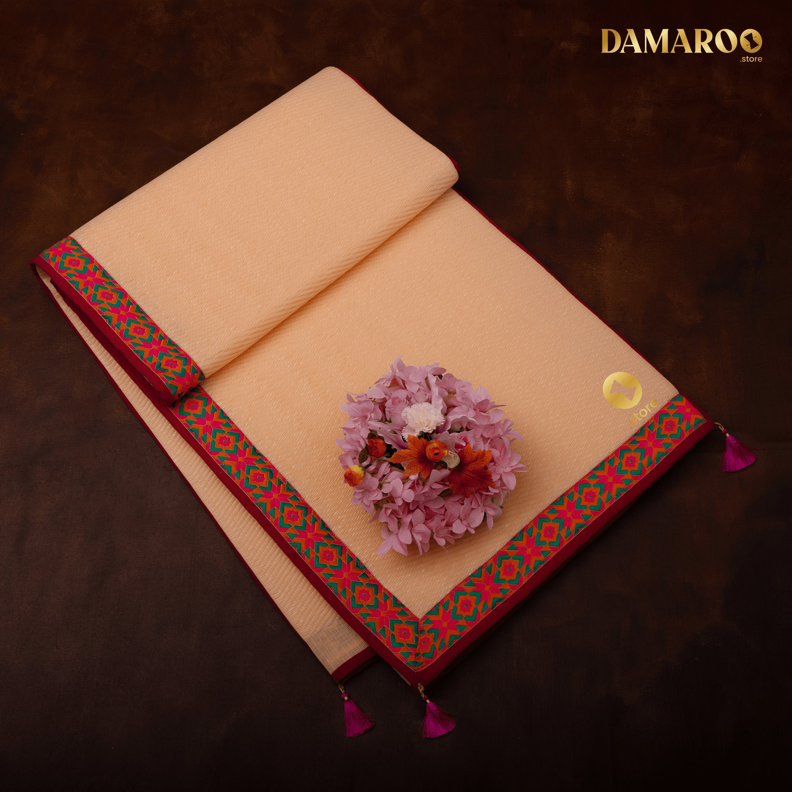 Damaroo 6x8 ft | Ornate Nylon Pooja Mat | Jacquard Pink Trim & Tassels - Peach - Distacart