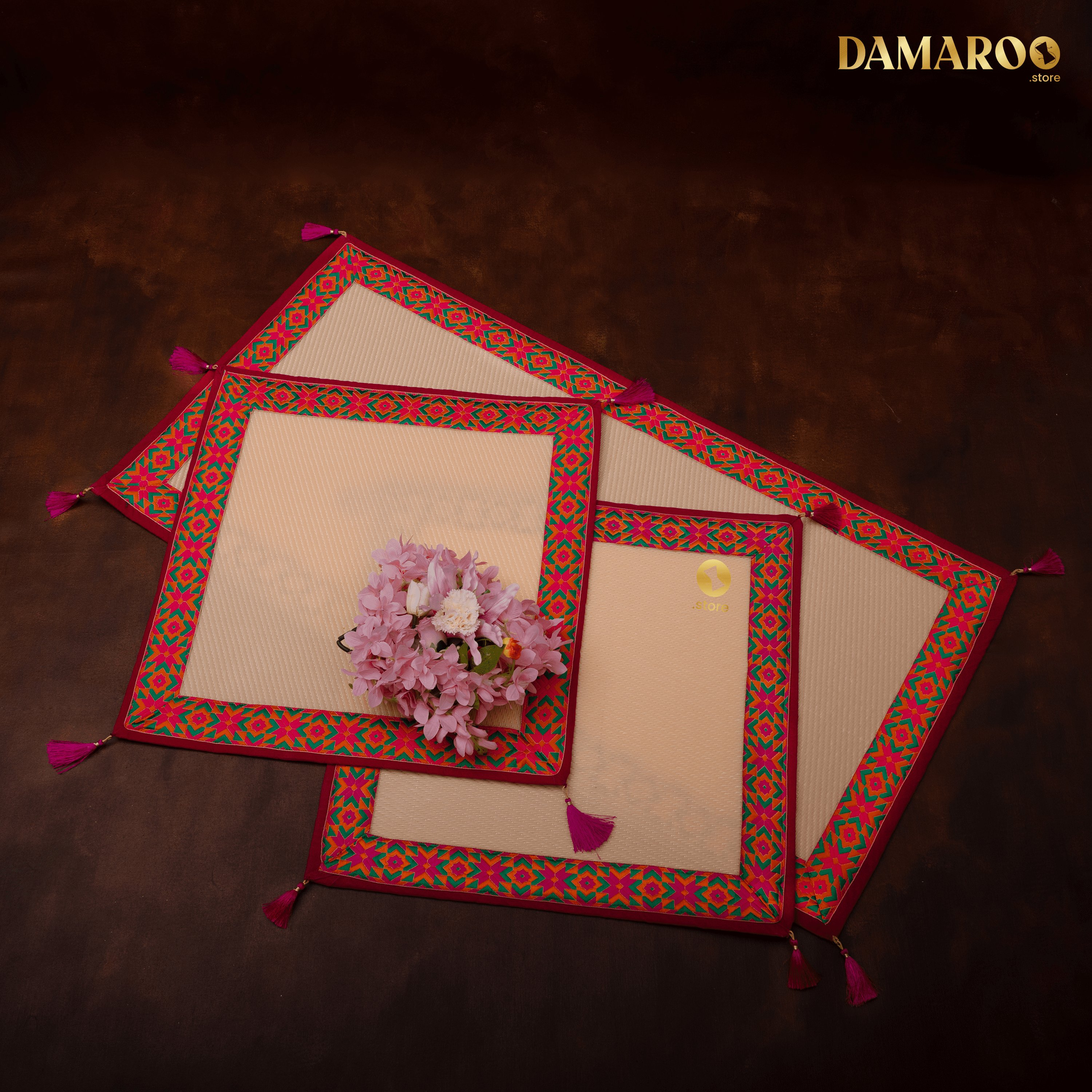 Damaroo Combo Pack of 3 | Ornate Nylon Aasans & Mat | Jacquard Pink Trim & Tassels - Peach - Distacart