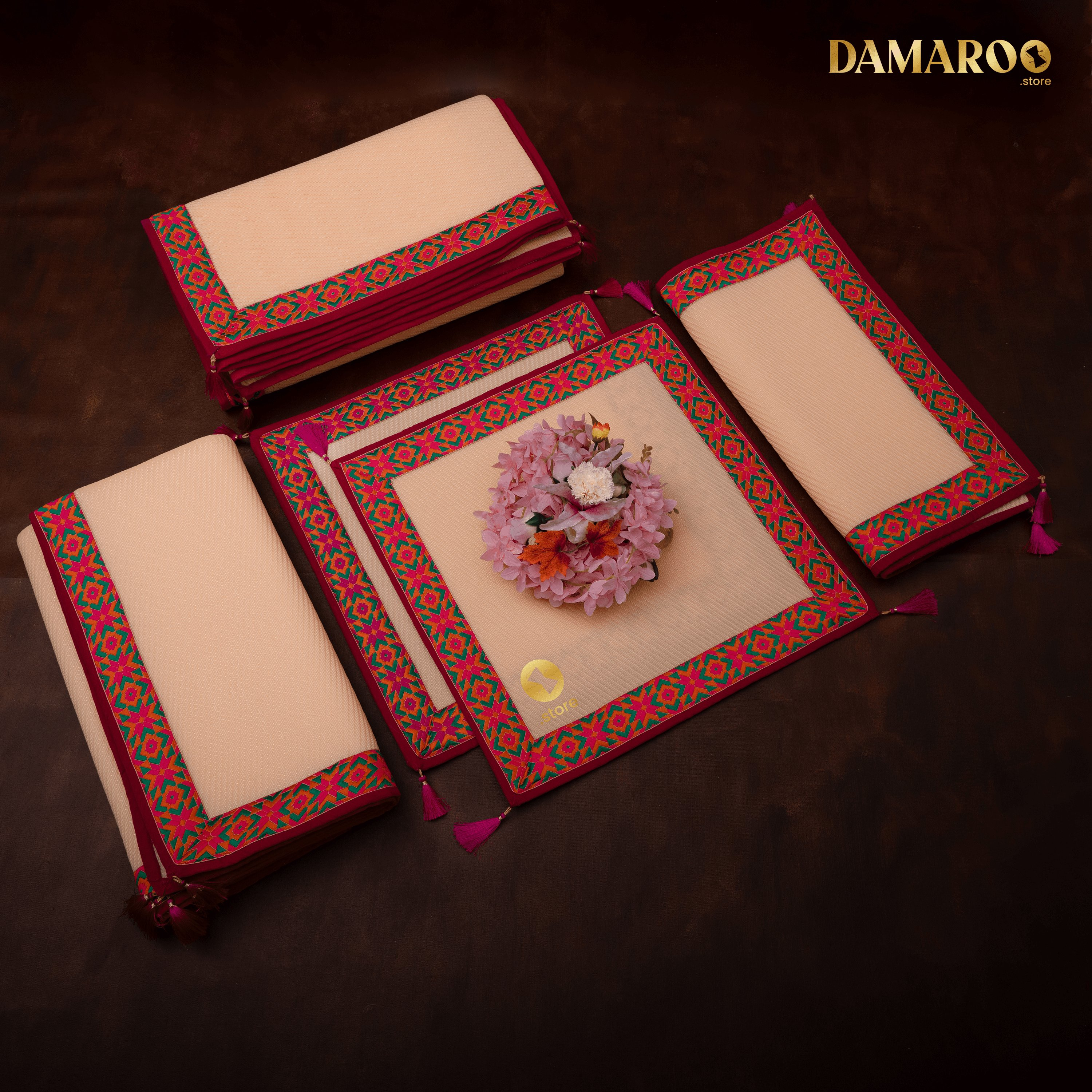 Damaroo Combo Pack of 5 | Ornate Nylon Aasan & Mat | Jacquard Pink Trim & Tassels - Peach - Distacart