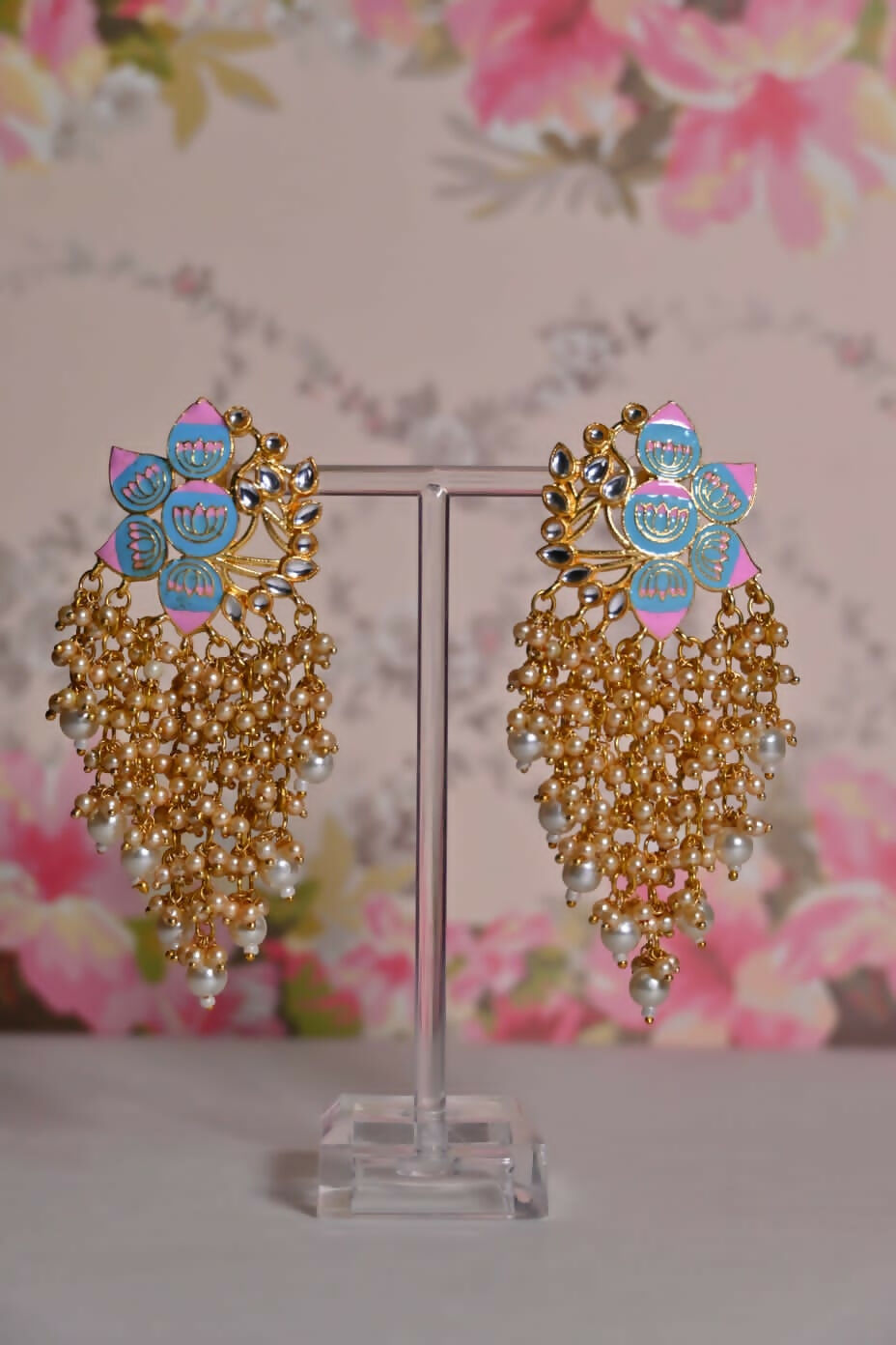 Sky Blue And Pink Ethnic Enamel Meenakari Lotus Earrings By House of Ree - Distacart