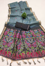 Thumbnail for Vastranavya Grey Muga Cotton Meenakari & Azarakh Pallu Saree with Contrast Blouse - Distacart