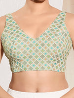 Thumbnail for Joban Fashion Pista Green Jacquard Padded Blouse With V Neck Sleeveless - Distacart