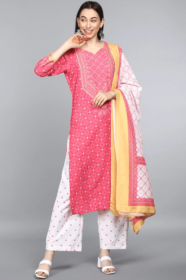 Ahika Pink Polyester Ethnic Motifs Straight Suit Set