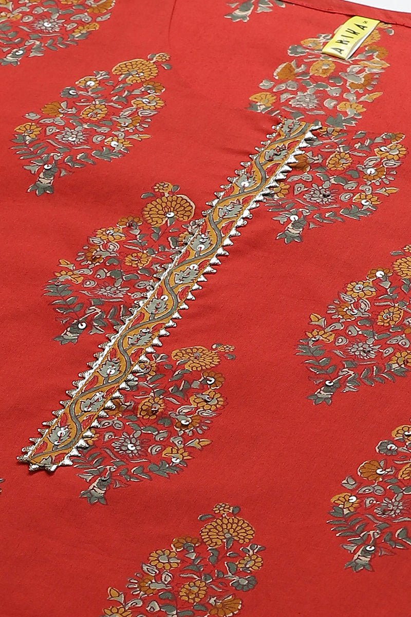Ahika Red Floral Printed Polyester Straight Suit Set