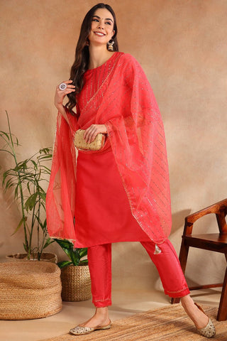 Ahika Fuchsia Poly Chanderi Solid Straight Suit Set - Distacart