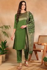 Thumbnail for Ahika Green Poly Silk Solid Straight Suit Set