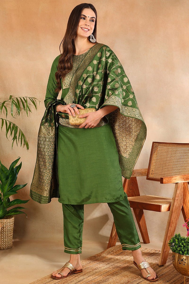 Ahika Green Poly Silk Solid Straight Suit Set