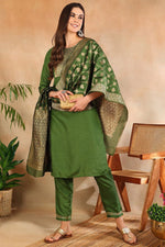 Thumbnail for Ahika Green Poly Silk Solid Straight Suit Set