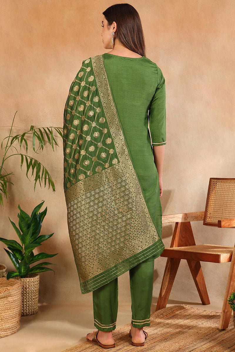 Ahika Green Poly Silk Solid Straight Suit Set