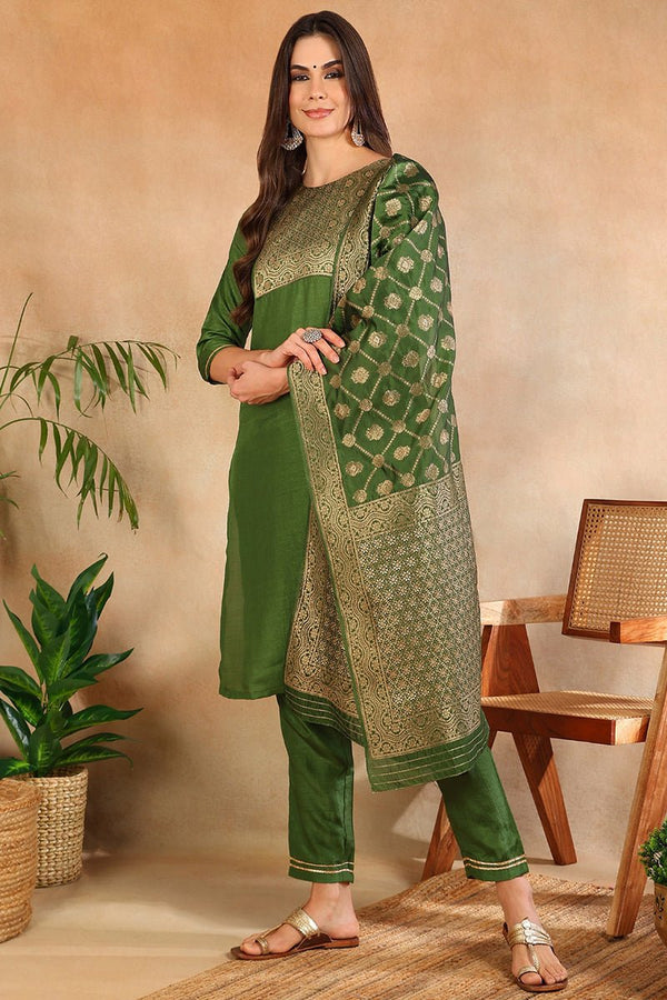 Ahika Green Poly Silk Solid Straight Suit Set